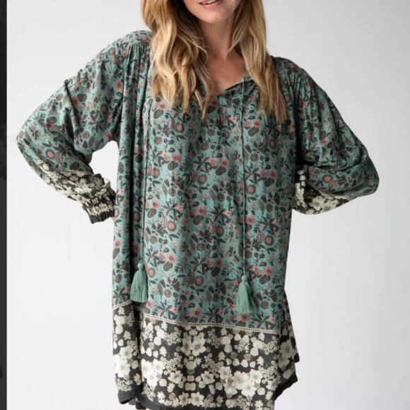 NATURAL LIFE Dresses & Skirts - NATURAL LIFE Teal Floral Mini Dress with Black & Cream Border